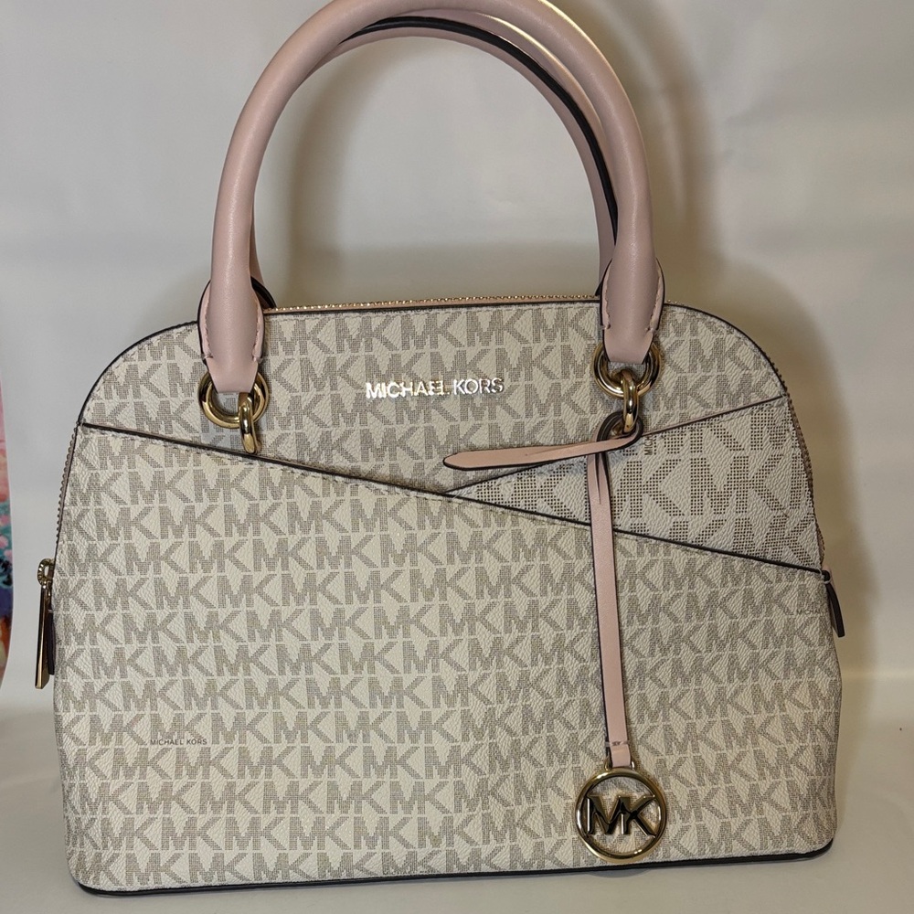 Michael Kors Beige Logo Satchel with Pale Pink Trim